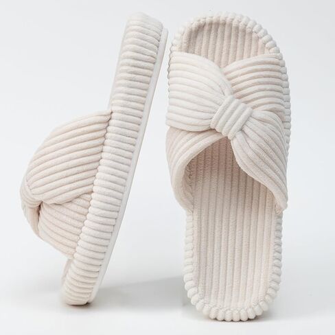Woman's Memory Foam Bow Crossbands Slippers Open Toe Soft Corduroy Rubber Sole House Shoes in Kuwait