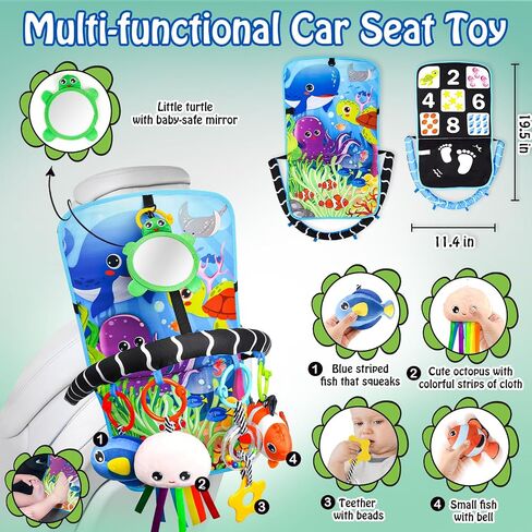 Baby Car Seat Ocean Animals Toys - Kick and Play Double Sided Infant Car Seat Toys with Plush Toys, Mirror, Teether for Baby Travel Activities, Christmas Birthday Gifts Newborn Infant Toy in Kuwait