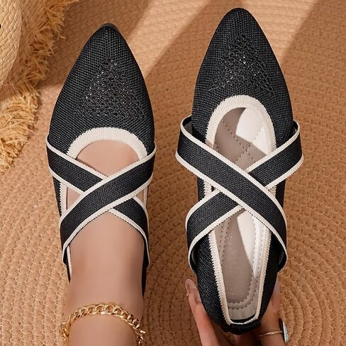 Womens Casual Pointed Toe Flat Cross Straps Ballet Flats Breathable Knitted Mesh Shoes for Office/Date/Travel in Kuwait