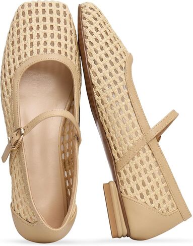SOVANYOU Women's Ballet Flats Comfortable Mesh Woven Mary Jane Shoes Square Toe Breathable Raffia Flats with Strap Dressy Straw Flat Shoes in Kuwait