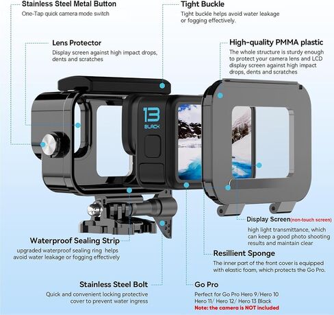 BO&DQQ Protective Waterproof Case Compatible for Go Pro Hero 13 12 11 10 9 Black, 60M/196FT Underwater Diving Housing Shell Accessories Kit in Kuwait
