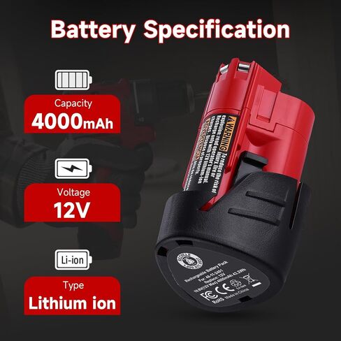 2 Pack M12 4.0Ah Replacement Battery for Milwaukee 12V Cordless Tools | Compatible with Milwaukee M12 48-11-2401 48-11-2402 48-11-2411 48-11-2420 in Saudi Arabia