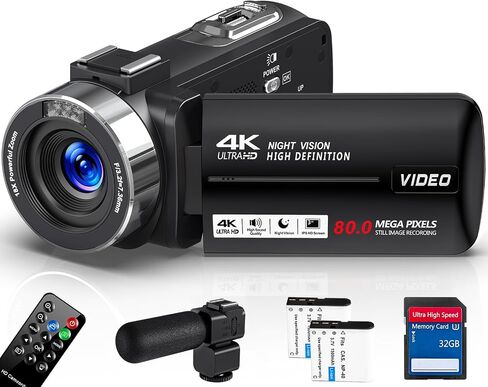 Camcorder Video Camera 4K 80MP 30FPS Vlogging for YouTube Autofocus | IR Night Vision, 18X Digital Zoom, 3.0 IPS Screen Recorder with 32GB SD Card, 2 Batteries, Stabilizer and Remote Control in Kuwait