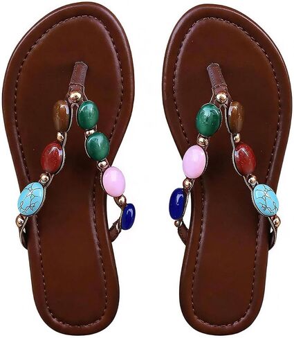 RoseSeek Women's Beaded Studded Thong Summer Sandals Boho Beach Flip Flops | Slip On, Open Round Toe, PU Leather, Womens Sandals Comfortable in Kuwait