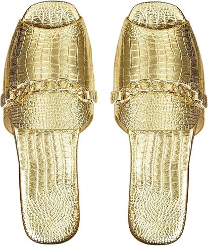 OYOANGLE Women's Metallic Crocodile Embossed Chain Sandals Square Open Toe Elegant Dressy Slides in Kuwait