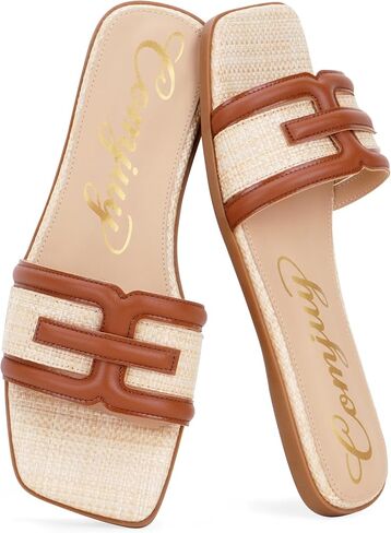Raffia Sandals Flats For Women 2026 Comfortable Walking Slip On Sandals Luxury Open Square Toe For Summer in Kuwait