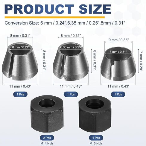 HARFINGTON 6pcs Collet Adapter Carbon Steel Trimmer Router Collet Reduction Sleeve Tool Bit Shank Router Conversion Chuck Adapter for Woodworking CNC Engraving, Black in Kuwait