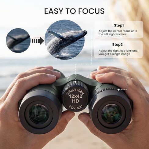12x42 Binoculars for Adults High Powered - Aurosports Nitrogen-Purged IPX7 Waterproof HD Binoculars for Bird Watching and Hunting with BAK4 Prism Long Range Binocular Green | Fully Multi-coated Lens, Nitrogen Filled, Long range, Clear low light vision in Kuwait