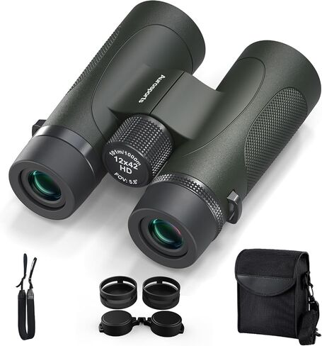 12x42 Binoculars for Adults High Powered - Aurosports Nitrogen-Purged IPX7 Waterproof HD Binoculars for Bird Watching and Hunting with BAK4 Prism Long Range Binocular Green | Fully Multi-coated Lens, Nitrogen Filled, Long range, Clear low light vision in Kuwait