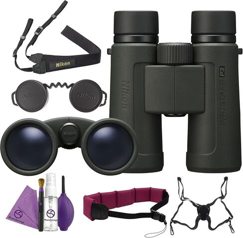 Nikon PROSTAFF P3 10x42 Binoculars Waterproof Fogproof Multicoated Optics Roof Prism Bundle with ProStaff Suspender Harness Binocular Strap + Cleaning kit + Floating Strap in Kuwait