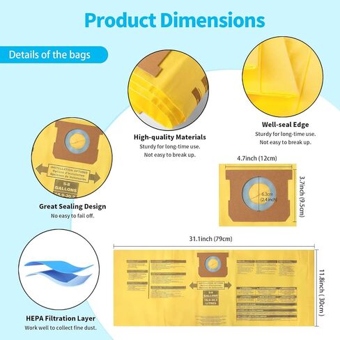 10 Packs High Efficiency Dust Collection Bag Type H 9067133 Disposable Vacuum Bags for 5-8 Gallon Vacuum, Part #90671 in Kuwait