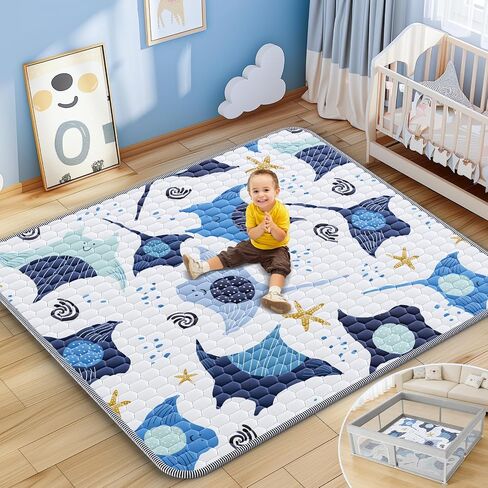 Omzer Baby Play Mat 50x50 Inch Thick & Soft Cushioned Playmat for Playpen | Non-toxic Fabric, Non-Slip Silicone Backing, Machine Washable, Fresh & Cute Ocean Designs, Mat for Infants, Babies, Toddlers in Kuwait