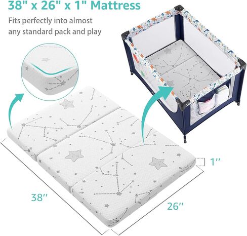 YENING Trifold Pack and Play Mattress Pad Foldable 38x26 Waterproof Baby Mattress for Pack N Play Matress Topper Breathable in Kuwait