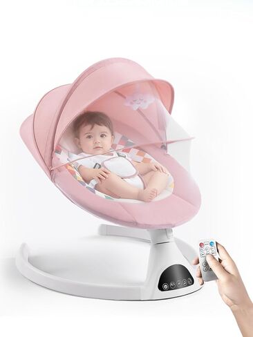 Baby Swing for Infants - Electric Portable Bluetooth Baby Rocker with 5 Speeds, 5-Point Harness, Remote Control, Timing & Music Speaker Max 20 Lbs (Pink) in Kuwait