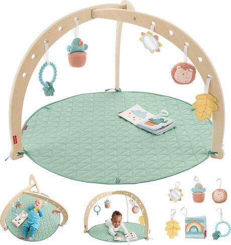 Fisher-Price Wood Baby Playmat Lay & Play Deluxe Activity Gym with Wooden Frame & Tummy Time Sensory Toys for Newborns 0+ Months in Kuwait