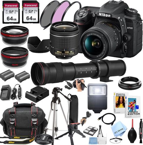 Nikon D7500 DSLR Camera Kit with 18-55mm VR Lens + 420-800mm Super Telephoto Lens + 128GB Memory, Spare Battery, Filters,Case, Tripod, Flash, and More (43pc Bundle) (Renewed) in Kuwait