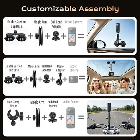 BMZX Dual & Quad Suction Cup Car Mount Kit for Insta360 X5 X4 X3, 360 Camera Car Mount for GoPro & DJI Action Cameras, Heavy Duty Windshield Mount with Magic Arm & Extension Pole in Kuwait