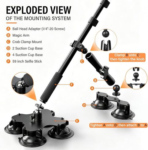 BMZX Dual & Quad Suction Cup Car Mount Kit for Insta360 X5 X4 X3, 360 Camera Car Mount for GoPro & DJI Action Cameras, Heavy Duty Windshield Mount with Magic Arm & Extension Pole in Kuwait