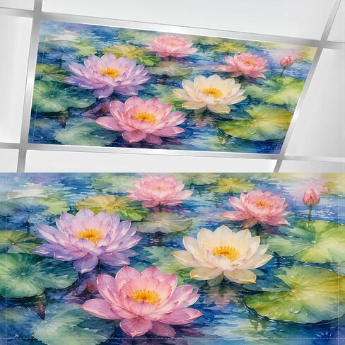 4 Pcs Fluorescent Light Covers for Ceiling Lights Relaxed Frog Sitting Lily Pad Peaceful Pond Lotus Flowers Magnetic Light Filters Decorative for Classroom Office Hospital Home 4x2 Ft in Kuwait