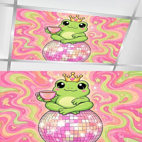 4 Pcs Fluorescent Light Covers for Ceiling Lights Cute Frog Princess Sitting Sparkling Disco Ball Tea Cup Psychedelic Magnetic Light Filters Decorative for Classroom Office Hospital Home 4x2 Ft in Kuwait