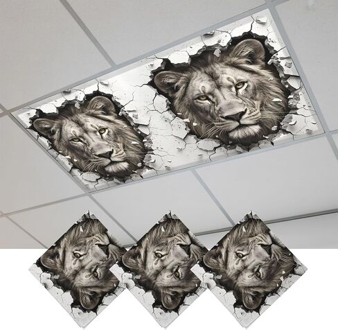 Lion Broken Wall Fluorescent Light Covers for Ceiling Lights 4x2 feet, 2 Pack Magnetic Light Filters for Classroom, Vintage Funny Animals Grey Fluorescent Lamp Shade Panel for Office School Drop Home in Kuwait