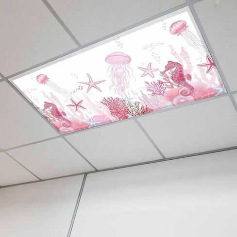 Fluorescent Light Covers, Pink Coastal Magnetic Light Covers for Ceiling Lights, Summer Ocean Coral Jellyfish Seahorse Starfish Fluorescent Ceiling Shade for Classroom Bedroom Office 4x2Ft x 2PCS in Kuwait
