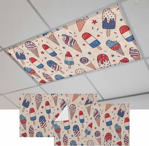 250th Anniversary Ice Cream Fluorescent Light Covers for Ceiling Lights 4x2 feet, 3 Pack Magnetic Light Filters for Classroom, Star American Flag Fluorescent Lamp Shade Panel for Office School Drop in Kuwait