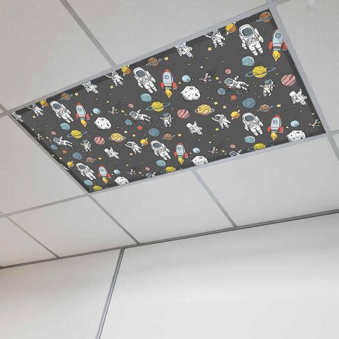 Fluorescent Light Covers, Grey Space Magnetic Light Covers for Ceiling Lights, Cartoon Cute Spaceship Planet Star Funny Fluorescent Ceiling Shade Filters for Classroom Bedroom Office 4x2Ft x 1PCS in Kuwait