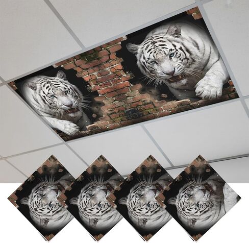 White Tiger Broken Wall Fluorescent Light Covers for Ceiling Lights 4x2 feet, 4 Pack Magnetic Light Filters for Classroom, Vintage Funny Animals Grey Fluorescent Lamp Shade Panel for Office School in Kuwait