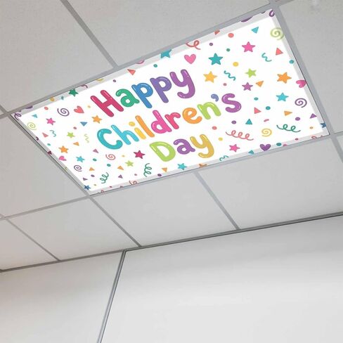 Fluorescent Light Covers, Happy Children's Day Magnetic Light Covers for Ceiling Lights, Modern Ribbons Stars Love Hearts Fluorescent Ceiling Shade Filters for Classroom Bedroom Office 4x2Ft x 1PCS in Kuwait