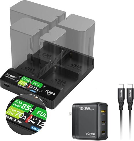 Accsoon Toprig Camera Battery Charger 4-Channel PD60W Fast Charging LCD, Compatible with Sony A7iii A7iv A7C FX3 FX30 A9 A7R III A7R IV A7C DSLR NP-FZ100 Battery Charger in Kuwait