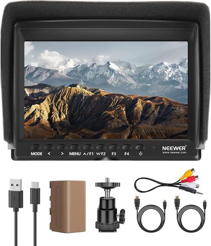 NEEWER F100 7 Inch Camera Field Monitor HD Video Assist IPS 1280x800 HDMI 1080p with 4400mAh F750 Battery, Sunshade Hood & 360° Ball Head for DSLR Cameras, Handheld Stabilizer, Film Video Making Rig in Kuwait