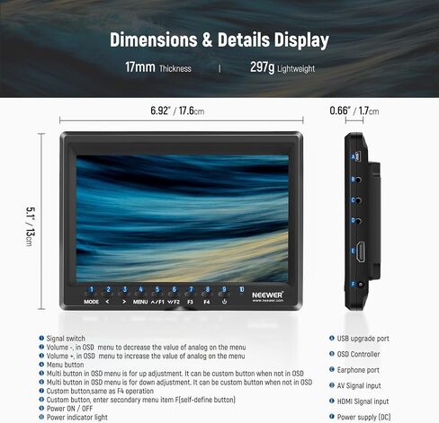 NEEWER F100 7 Inch Camera Field Monitor HD Video Assist IPS 1280x800 HDMI 1080p with 4400mAh F750 Battery, Sunshade Hood & 360° Ball Head for DSLR Cameras, Handheld Stabilizer, Film Video Making Rig in Kuwait