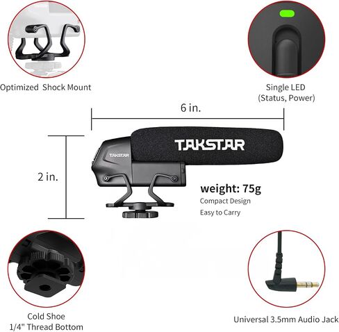 SGC-600 Universal Shotgun Mic for Camera & Phone, 3.5mm with Shock Mount | Universal 3.5mm Shotgun Mic fits Phones/DSLRs/Camcorders, Shock Mount & Windscreen Included, Ideal for Vlog & Recording in Kuwait