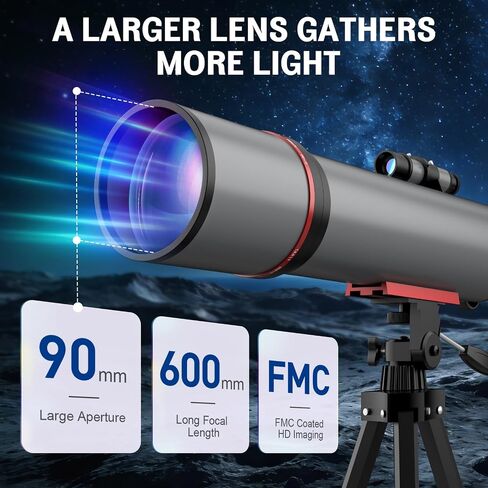Wozel Telescope for Adults High Powered, 90mm 600mm Kids Telescope | 30x-180x, Portable, Observe the moon & landscape, Travel, Astronomy Beginners Gifts, Tripod, Bag, Phone Adapter in Kuwait