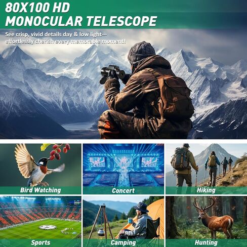 80x100 High Powered Monocular Telescope for Adults Bird Watching | Monoculars with Smartphone Adapter Tripod, Low Night Vision HD Monocular for Hiking Hunting Trave, Gifts for Men Women in Kuwait
