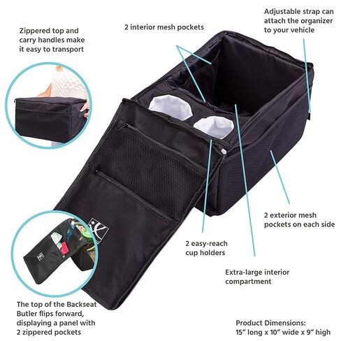 J.L. Childress Backseat Butler Car Seat Organizer for Kids - Essential Car Ride Accessories for Travel & Road Trips, Storage Organization for Front, Back, & Passenger Seats, 10 Pockets - Black in Kuwait