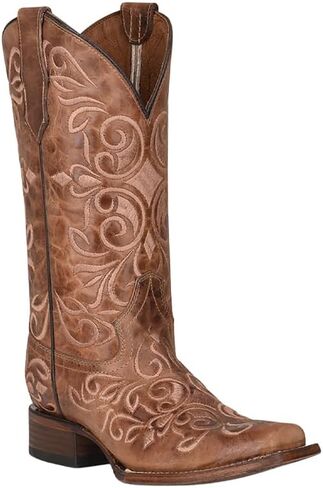 Corral Boots Womens Honey Embroidered Square Toe Pull On Casual Boots Mid Calf Low Heel 1-2" - Brown - Size 8 M in Kuwait