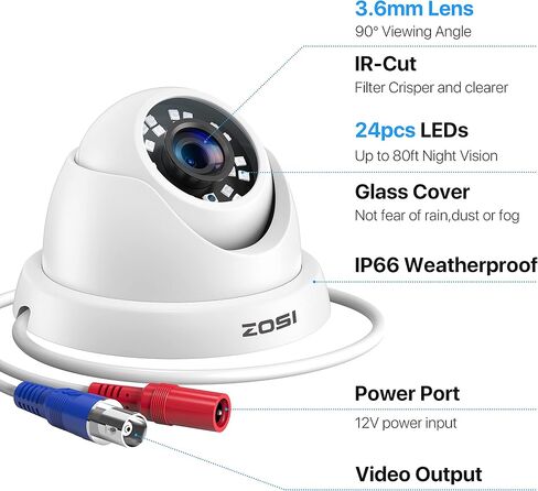 ZOSI 4 Pack 2MP 1080p HD-TVI Dome Security Camera Outdoor Indoor, 1920TVL | 24PCS LEDs, 80ft IR Night Vision, 90° Wide Angle, Metal Plastic Housing Weatherproof Surveillance CCTV Camera in Kuwait