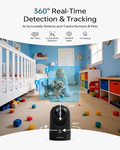 FOSCAM 4K Indoor Camera, Full Space Sense WiFi Camera with 360° Radar Auto-Tracking Baby & Pet Camera - No-Blind-Spot View, One Touch Call, Human/Motion/Sound Detection, Compatible with Alexa (Black) in Kuwait