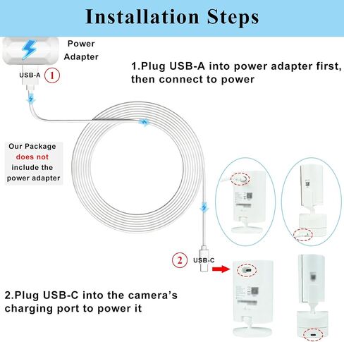 Power Cable Compatible with Ring Indoor Cam Plus/Pan-Tilt Indoor Cam (2024) | 2 Pack 16.4FT USB-A to USB-C Long Charger Cable,Anti-bend & Wear-resistant,Stable Output Camera Extension Cable,White in Kuwait
