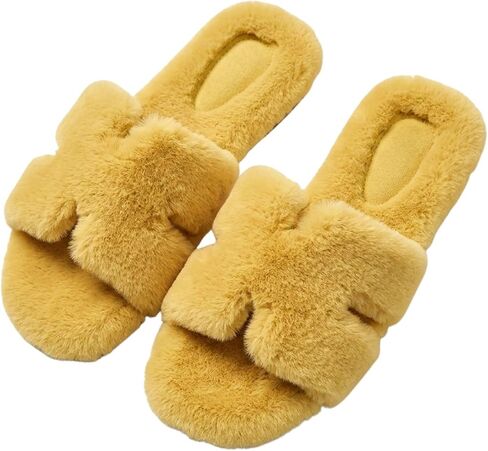 Women's Fuzzy Faux Fur Criss Cross Slides Fluffy Plush Open Toe House Slippers Soft Thick Sole Indoor Outdoor in Kuwait