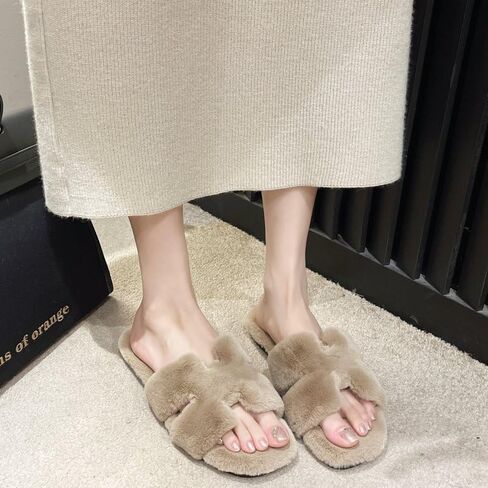 Women's Fuzzy Faux Fur Criss Cross Slides Fluffy Plush Open Toe House Slippers Soft Thick Sole Indoor Outdoor in Kuwait