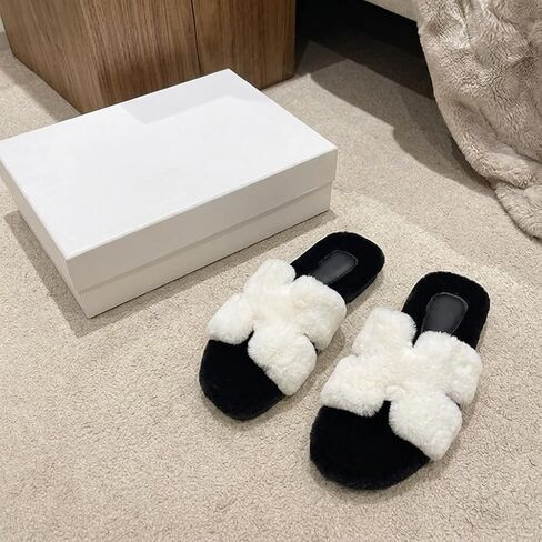 Women's Fuzzy Faux Fur Criss Cross Slides Fluffy Plush Open Toe House Slippers Soft Thick Sole Indoor Outdoor in Kuwait