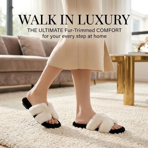 Women's Fuzzy Faux Fur Criss Cross Slides Fluffy Plush Open Toe House Slippers Soft Thick Sole Indoor Outdoor in Kuwait