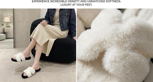 Women's Fuzzy Faux Fur Criss Cross Slides Fluffy Plush Open Toe House Slippers Soft Thick Sole Indoor Outdoor in Kuwait