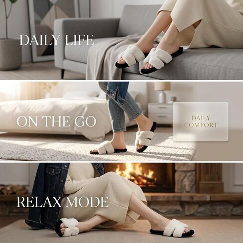 Women's Fuzzy Faux Fur Criss Cross Slides Fluffy Plush Open Toe House Slippers Soft Thick Sole Indoor Outdoor in Kuwait