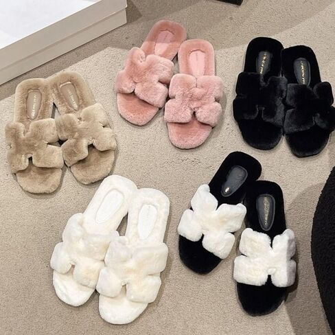 Women's Fuzzy Faux Fur Criss Cross Slides Fluffy Plush Open Toe House Slippers Soft Thick Sole Indoor Outdoor in Kuwait