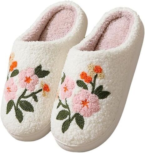Women Cute Floral Embroidery Fuzzy House Slippers Plush Lined Memory Foam Anti Slip Winter Shoes in Kuwait