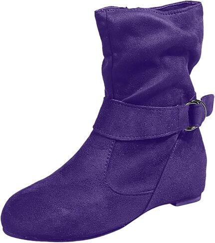 Women's Slouch Ankle Flat Boots 2025 Fashion Suede Round Toe Slip On Ankle Booties Casual Winter Short Low Heel Zipper Booties in Kuwait